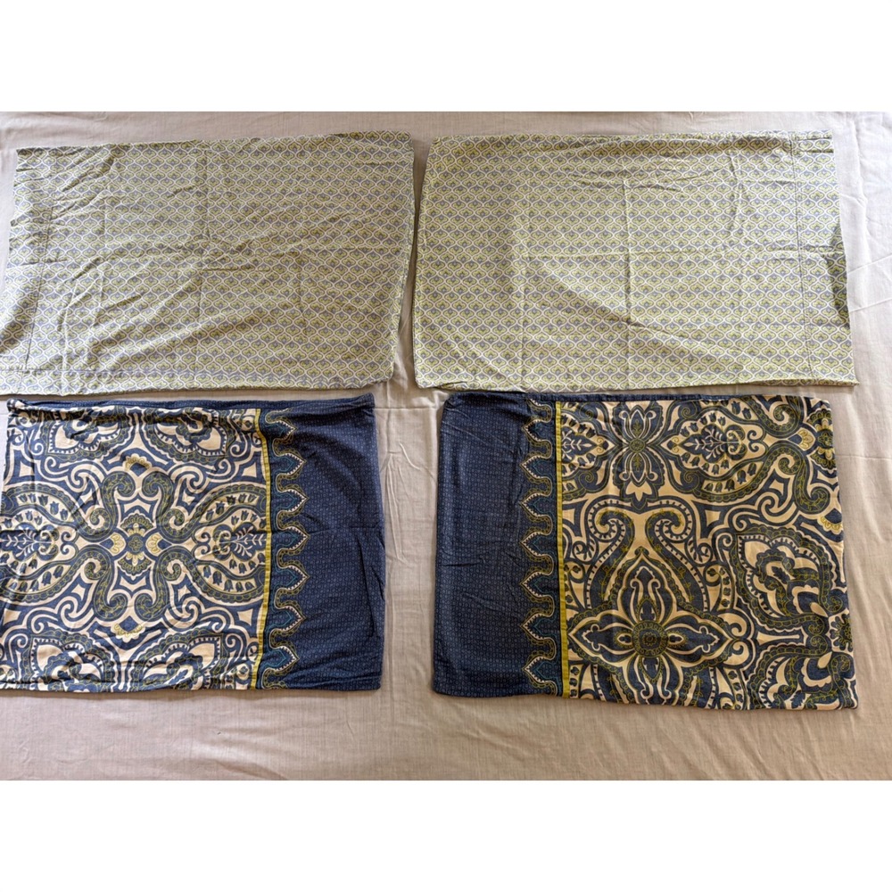 Sky 4 Pc Pillowcase & Sham Set Standard Paisley Floral Blue Gr‎ 100% Cotton Boho